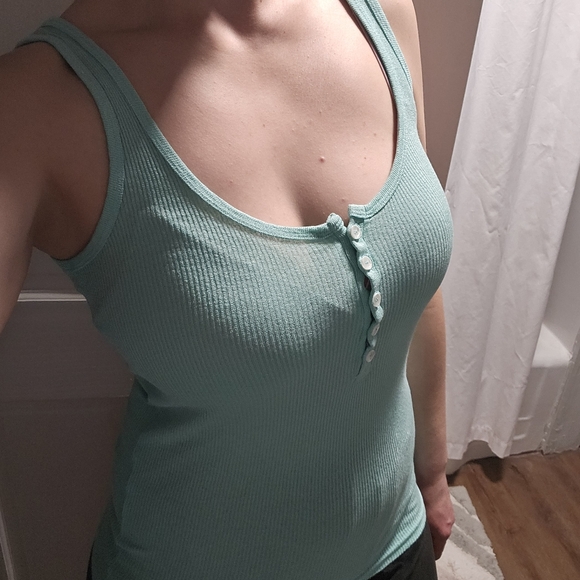 Vintage Mint Green Shimmery Ribbed Henley Tank Top By Michael Stars - Picture 9 of 9